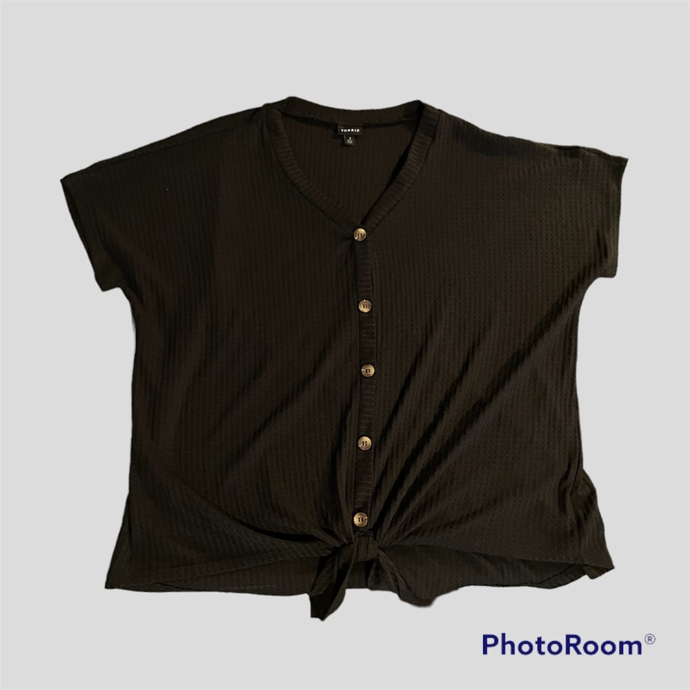 Torrid Black Waffleknit Button Up Tie Front Blouse| 3X (3)